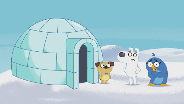 Bild 1 von 4: Dog und Puck helfen der frierenden Pinguindame und bauen ihr einen Iglu.