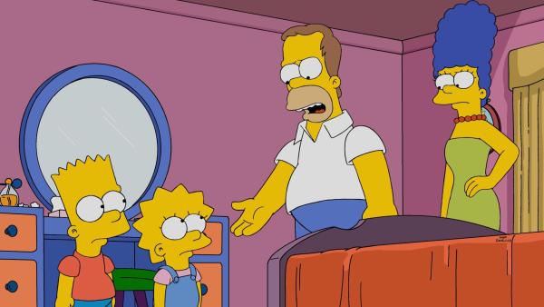 Bild 1 von 33: Dank der frisch von Moe entwickelten Fotos erinnern sich Homer (2.v.r.) und Marge (r.) daran, wie stark ihre Kinder Bart (l.) und Lisa (2.v.l.) sich doch früher gestritten haben ...