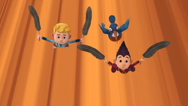 Bild 1 von 7: Jack und Tashi werden von einem wütenden Gierkehlchen verfolgt.