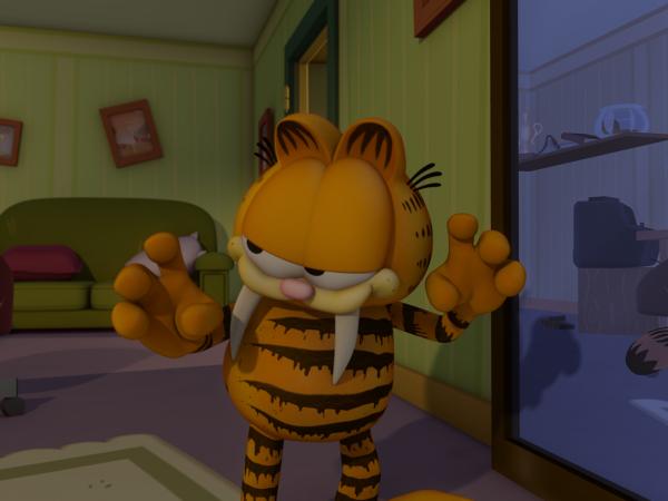 Bild 1 von 2: Garfield, als Katzilla verkleidet, erschreckt etliche Nachbarn fast zu Tode.