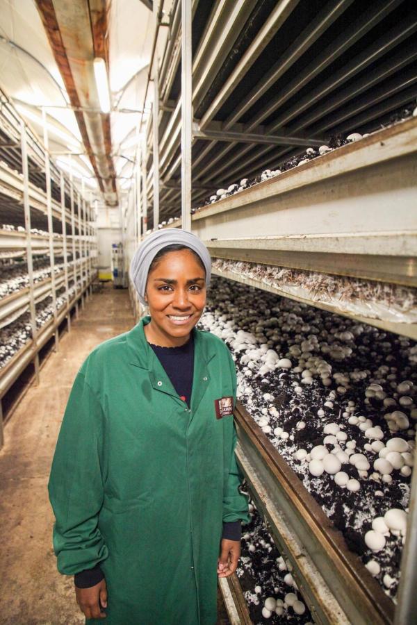 Bild 1 von 9: Im Bild: Nadiya Hussain zu Besuch in einer Pilzfabrik.
