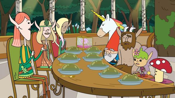 Bild 1 von 2: Blümchen, Herbert, Hufius, Twinkle und Tupfen (rechts) brauchen die Hilfe der Waldelfen Windstill, Feuerdrill und Nym (links ). Nur sie wissen, wie die Waffe des Rätselmeisters - der Zauberhut Auge von Vernon - zu besiegen ist. Doch die Waldelfen sind stolze Wesen.