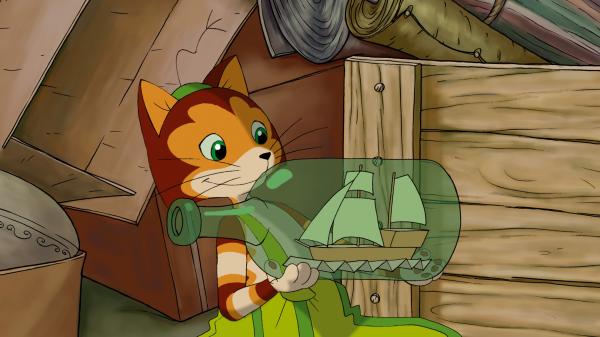 Bild 1 von 3: Findus hat im Gerümpel ein geheimnisvolles Flaschenschiff entdeckt, das er gern behalten möchte.