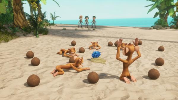 Bild 1 von 4: Die Sardinen haben auf einer kleinen Insel die Grüllbeiß-Frucht gefunden. Allerdings wird es nicht leicht sein, sie den Affen abzuluchsen. Alexander (l.) Zoe (M.) und Finn (r.) wollen es versuchen.