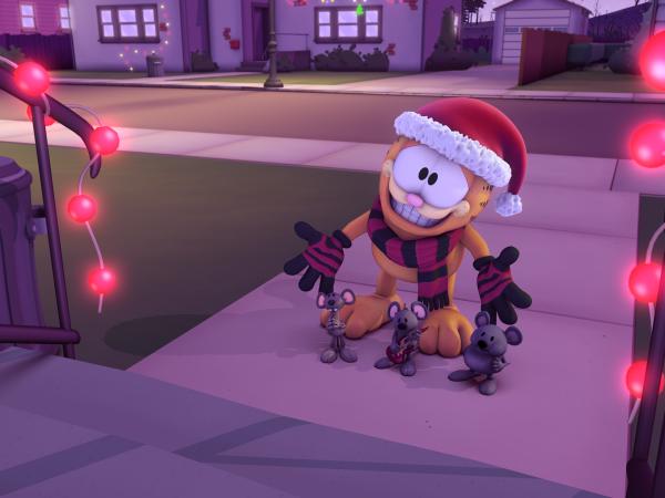 Bild 1 von 2: Garfield macht sich auf, um sich mit Weihnachtsliedern ein paar Süßigkeiten zu verdienen.