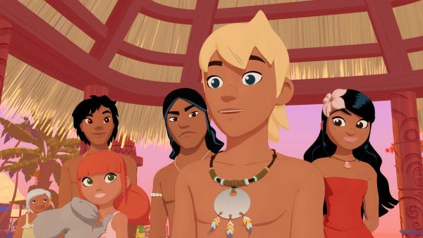 Bild 1 von 7: Yann (v.) fühlt sich sehr geehrt, dass er den Talisman des Mutes und der Tapferkeit einen Tag lang tragen darf. Auru (3.v.r.) dagegen ist sauer, denn er hält sich für den mutigeren und tapfereren Jungen.