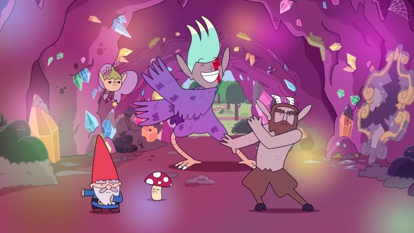 Bild 1 von 2: Die Helden - Herbert (l.), Twinkle (2.v.l.), Tupfen (M.) und Hufius (r.) - sollen die Höhle der Spiegel reinigen. Dabei haben sie eine Party-Harpyie (2.v.r.) aus Versehen befreit. Eine bunte Vogelfrau, die alle mit einem Frohlocken-Bann belegt.