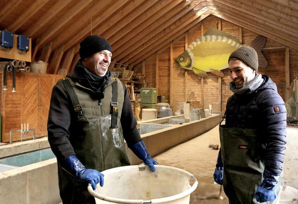 Bild 1 von 2: Marcus Fahn (rechts) und Wolfgang Veigl bei Fischzucht Veigl in Kemnath in der Oberpfalz.
