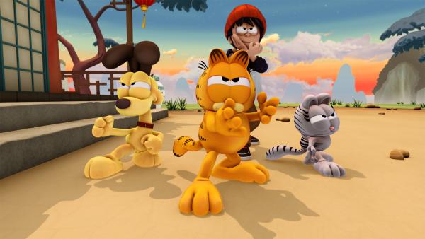 Bild 1 von 3: Um den zweiten Teil des Schlüssels zu finden, müssen Nermal, Odie und Garfield Kung Fu lernen und eine Prüfung bestehen.