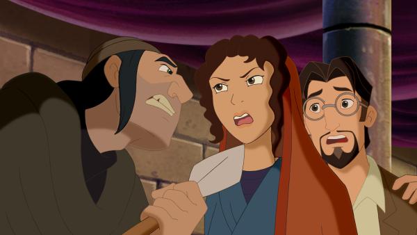 Bild 1 von 3: Hreel (links) will von Maria Magdalena wissen, wo Jesus sich versteckt hat.