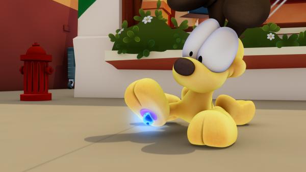 Bild 1 von 3: Odie kommt mit den Überresten eines mysteriösen Meteors aus dem Beta-Blau-Quadranten in Berührung...