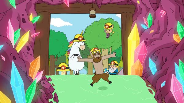 Bild 1 von 2: Von links: Tupfen, Blümchen, Hufius, Twinkle und Herbert - Die Helden sind zur Mine der Kristalle geschickt worden, weil grüner Schleim die Bergbauzwerge von der Arbeit abhält. Wenn sie keine Kristalle liefern, schmilzt der Eisvorrat im Super Happy Magic Forest.