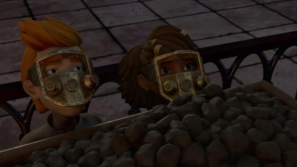 Bild 1 von 3: Gemeinsam mit Waisenjunge Corso (links), geht Ailina (rechts) gut getarnt auf Spurensuche nach der Wahrheit hinter Graylocks geheimen Plänen in der Fabrik.