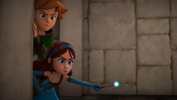 Bild 1 von 3: Robin (l.) und Marian (r.) versuchen den verschwundenen König aufzuspüren. Wie durch einen Zaubertrick, scheint dieser verschwunden zu sein.