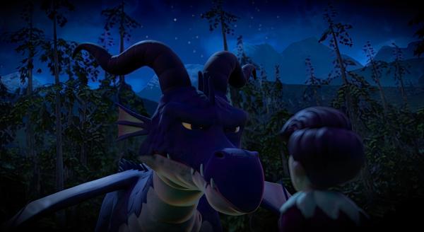 Bild 1 von 3: In einem Albtraum malt sich Prinz Tipsar (rechts) die schlimmsten Szenarien beim geplanten Zusammentreffen mit Drache Brandarium (links) aus. Er hat Angst, von dem Feuer des Drachen verbrannt zu werden.