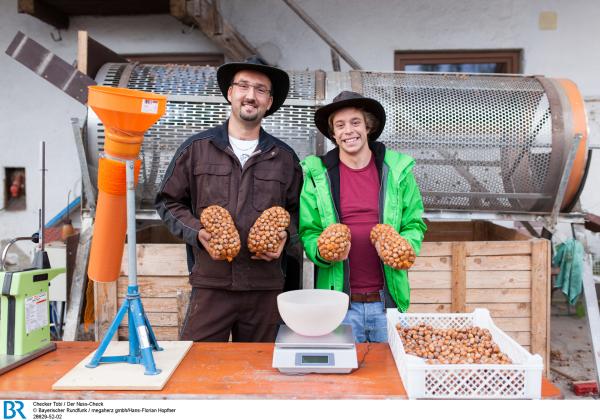 Bild 1 von 4: Checker Tobi (rechts) mit Haselnussbauer Martin Stimmer bei der Haselnussernte.