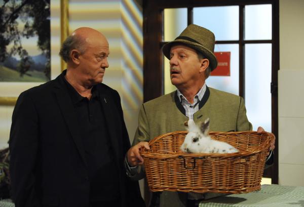 Bild 1 von 8: Schattenhofer ist von der Idee, als Streitschlichter beim Kaninchenstreit zu agieren, nicht so begeistert. Von links: Pfarrer Kurz (Hans Stadlbauer) und Bürgermeister Schattenhofer (Werner Rom).