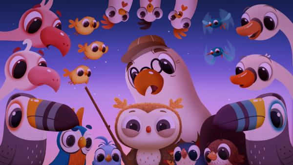 Bild 1 von 1: Inspektorin Federkleid nimmt die Camperchen mit auf einen nächtlichen Ausflug, um ihnen den Sternenhimmel zu zeigen.© KiKA/Sixteen South & Letko - Honorarfreie Verwendung gemäß AGB im redaktionellen Zusammenhang mit genannter Sendung bei Nennung \