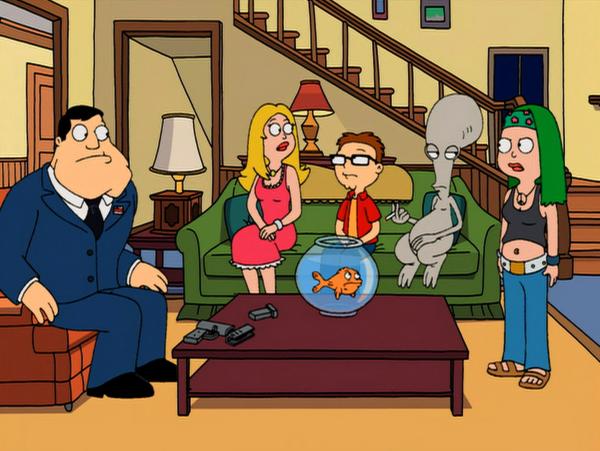 Bild 1 von 4: (im Uhrzeigersinn) Stan Smith; Francine Smith; Steve Smith; Roger; Hayley Smith; Klaus