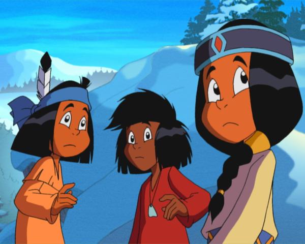 Bild 1 von 8: Yakari und seine Freunde fahren Schlitten, als sie aus der Ferne Wolfsgeheul hören.