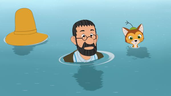 Bild 1 von 3: Pettersson und Findus haben beim Angeln Pech gehabt: Sie sind ins Wasser gefallen.