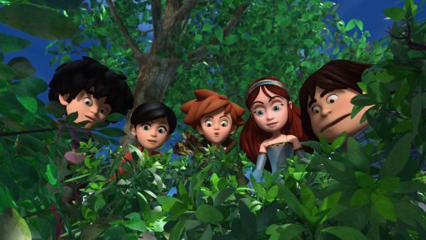 Bild 1 von 5: Little John, Scarlett, Robin, Marian und Tuck finden versteckt in den Büschen ein Baby. Sie mussten mit ansehen, wie der Sheriff seine Mutter gefangen nahm.