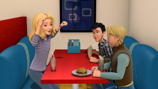 Bild 1 von 4: Wendy, Jerry und Christian (re.) wollen als Team an einem Turnier im Wahlspringen teilnehmen. Beim Milkshake-Wetttrinken gewinnt Wendy den Teamvorsitz.