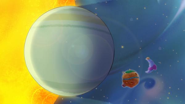 Bild 1 von 3: Der kleine Mond traut sich nicht den großen Planeten anzusprechen.© WDR/2024 Method Animation - Honorarfreie Verwendung gemäß AGB im engen inhaltlichen redaktionellen Zusammenhang mit genannter Sendung bei Nennung \