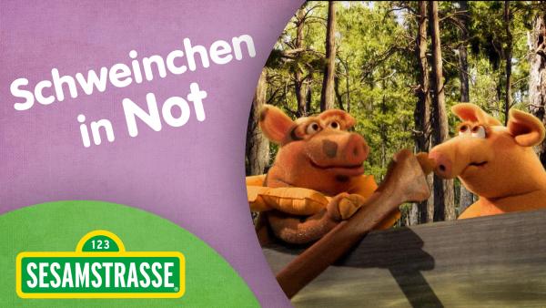 Bild 1 von 3: Zwei kleine Schweinchen haben ein Problem. Ihr Boot fährt nicht auf dem Fluss. Das ist ein Fall für Super Grobi 2.0.