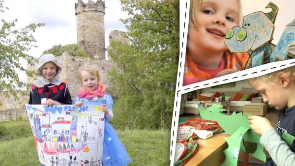 Bild 1 von 2: Kinder malen und basteln zum Thema Ritterburg und Drachen.