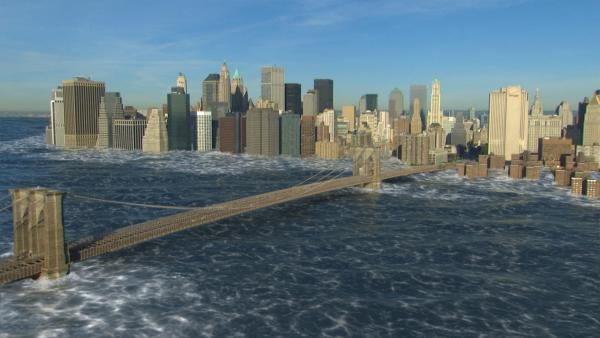 Bild 1 von 2: CGI IMAGE: New York, NY: A tsunami wave approaching Brooklyn Bridge.