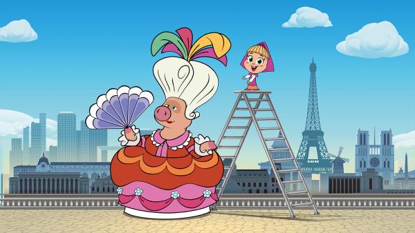 Bild 1 von 6: Mascha kleidet das Schwein ein.