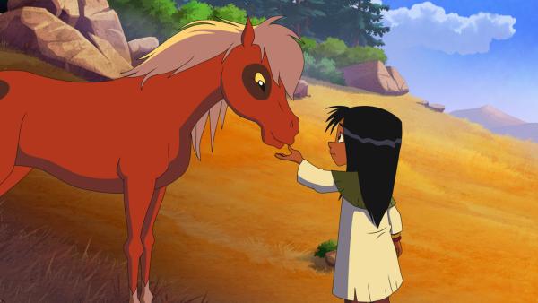 Bild 1 von 3: Das Mädchen Kleines Blatt ist sehr schüchtern. Nur in der Gegenwart der Pferde taut Kleines Blatt auf und spricht mit ihnen.