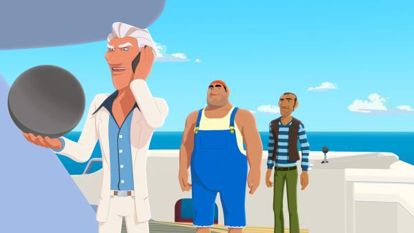 Bild 1 von 5: Van Krook (l.) hat Biff (M.) und Rico (r.) die Perle Poemari von der Insel Maotou stehlen lassen. Nun will er die wertvolle Perle meistbietend verkaufen.© ZDF/Media Valley/Marzipan Films - Honorarfreie Verwendung gemäß AGB im redaktionellen Zusammenhang mit genannter Sendung bei Nennung \