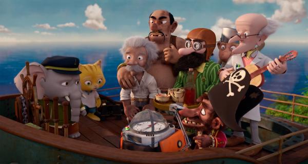 Bild 1 von 12: Mit ihren neuen Freunden, den Piraten und Odysseus Karlsen, versuchen Sebastian, Mitcho und Professor Glykose Bürgermeister JB rechtzeitig nach Sonnenstadt zurückzubringen.