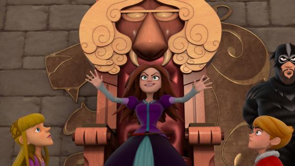 Bild 1 von 5: Morgan (Mitte) hat es geschafft: Sie hat ihre Kräfte zurück und ist an der Macht. Prinz John (rechts) und Nelly (links) sind verzaubert und ihr hörig.