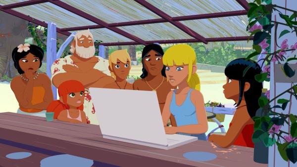 Bild 1 von 3: Clarissa (2.v.r.) initiiert eine Online-Kampagne, um das Naturschutzgebiet vor der Insel Maotou vor einer Bebauung durch Terence Werner zu retten. Maeva (l.), Marina (2.v.l.), Onkel Patrick (3.v.l.), Yann (4.v.l.), Auru (3.v.r.) und Timeti (r.) unterstützen sie dabei.