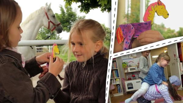 Bild 1 von 2: Kinder spielen und basteln zum Thema Pferde.