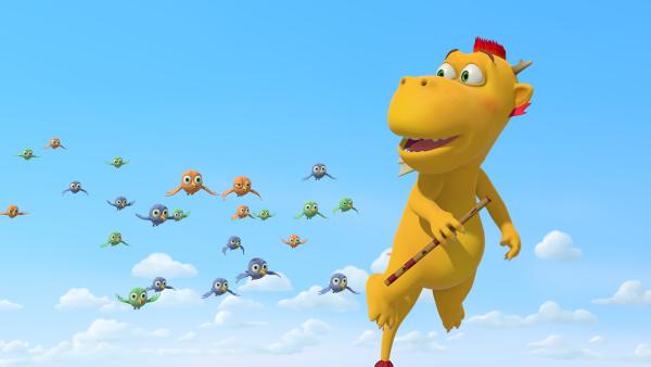 Bild 1 von 4: Der Himmelsdrache Xiexie hat eine Idee, wie der aufdringliche Vogelschwarm von Big Bo weggelockt werden kann.