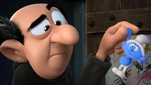 Bild 1 von 3: Gargamels Nichte Rowena hat Beauty und Sturm in Puppen verwandelt. Gargamel ist ensetzt.