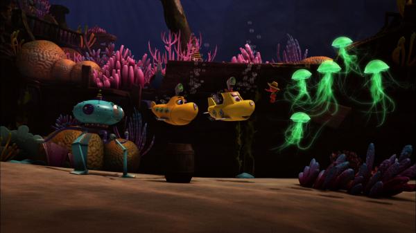 Bild 1 von 3: Timmy, Bess und UMA setzen als Alarmanlage Quallen ein, die zu leuchten beginnen, sobald sich ihnen jemand nähert.