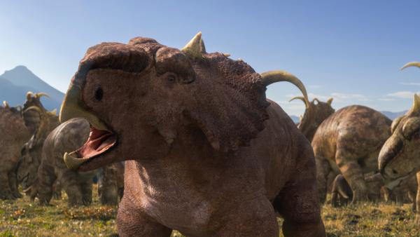 Bild 1 von 13: Die Pachyrhinosaurus-Herde legte mehr als 600 Kilometer zu neuen Weidegründen zurück - durch Flüsse, Sümpfe, Wälder und tückisches Gelände.