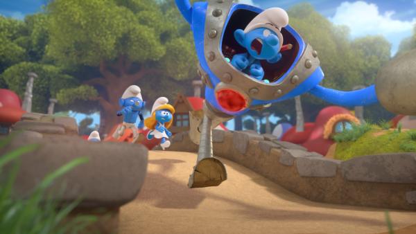 Bild 1 von 2: Handy kann den neu erfundenen Riesenroboter noch nicht ausreichend kontrollieren.© KiKA/Peyo Productions, Dupuis Édition & Audiovisuell 2020 - Honorarfreie Verwendung gemäß AGB im redaktionellen Zusammenhang mit genannter Sendung bei Nennung \