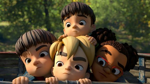 Bild 1 von 3: Bohnenstange, Raphael, Kleiner Fuß und Lina sind baff, als sie in ihrem Baumhaus einen Untermieter entdecken.© ZDF/La Station Animation - Honorarfreie Verwendung gemäß AGB im redaktionellen Zusammenhang mit genannter Sendung bei Nennung \
