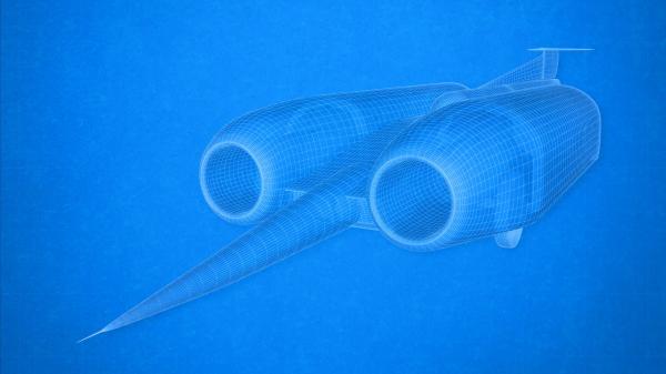 Bild 1 von 3: Diese Darstellung zeigt das ThrustSSC, ein mit einem Flugzeugtriebwerk ausgestattetes Auto.