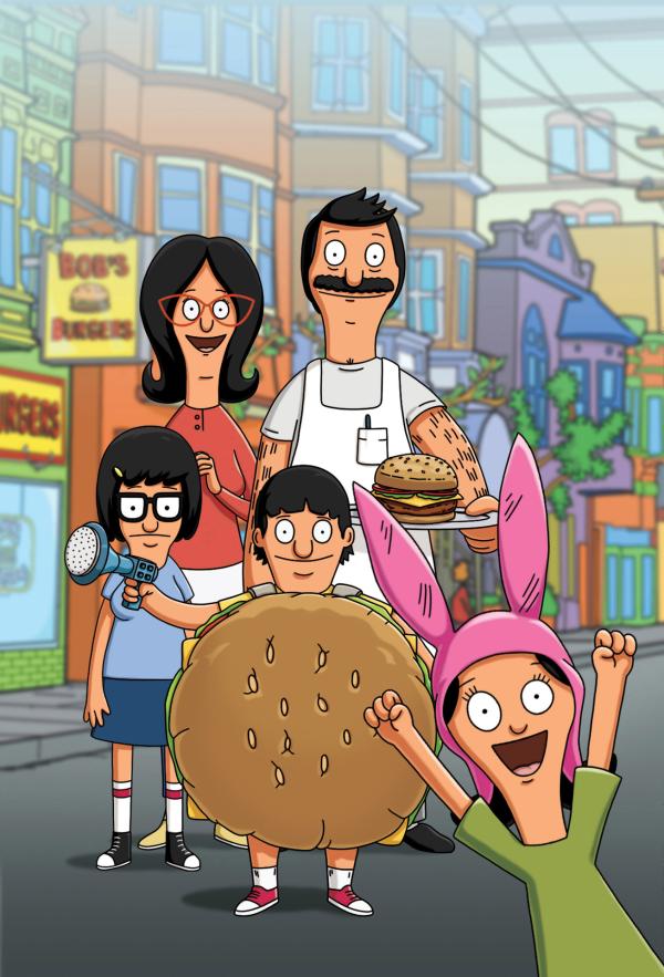 Bild 1 von 3: BOB'S BURGERS: The Belchers (L-R) -- eldest daughter Tina, mom Linda, son Gene, dad Bob and youngest daughter Louise -- get ready for the grand re-re-re-opening of their family restaurant in the \