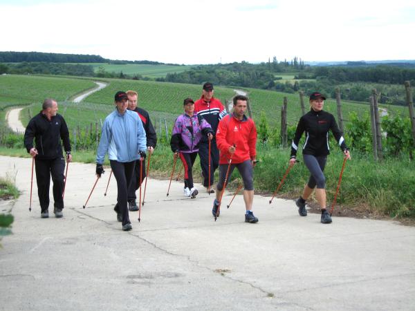 Bild 1 von 4: Überall auf Straßen, Wiesen und Feldern sieht man sie im schnellen Schritt: die Nordic Walker. Peter Schlickenrieder (vorne, Mitte) zeigt, wie man diese Sportart abwechslungsreich gestalten und sich damit optimal auf den Wintersport vorbereiten kann.
