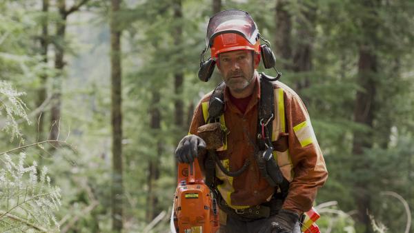 Bild 1 von 1: Brendan Bowman, a hand faller, stands near a tree with his chainsaw in Chamiss.