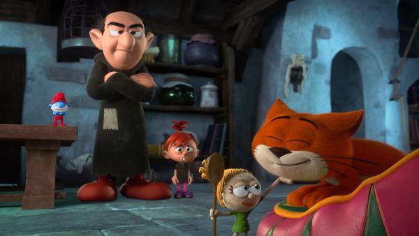 Bild 1 von 1: Gargamel erkennt, dass seine Schlumpfwächterin, die verzauberte Puppe Lucretia von Rowena, ihre ganz eigene Vorstellung von Macht hat.© KiKA/Peyo Productions, Dupuis Édition & Audiovisuell - Honorarfreie Verwendung gemäß AGB im redaktionellen Zusammenhang mit genannter Sendung bei Nennung \