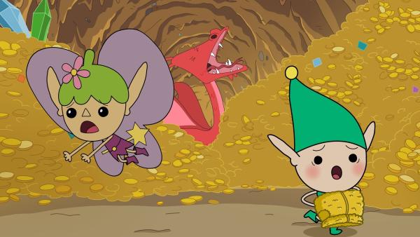 Bild 1 von 2: Twinkle (links) soll von einem Drachen (Mitte) das goldene Vlies von Meister Heiter zurückholen. Es stellt sich heraus, dass Trixies (rechts) 'Fähigkeiten' doch auch ganz nützlich sein können.